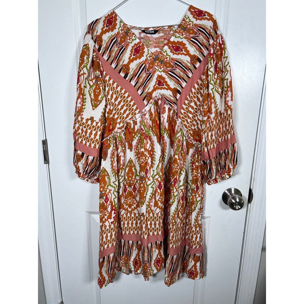 BTFBM Womens V-Neck Geometric Paisley Print Tiered Mini Dress Large